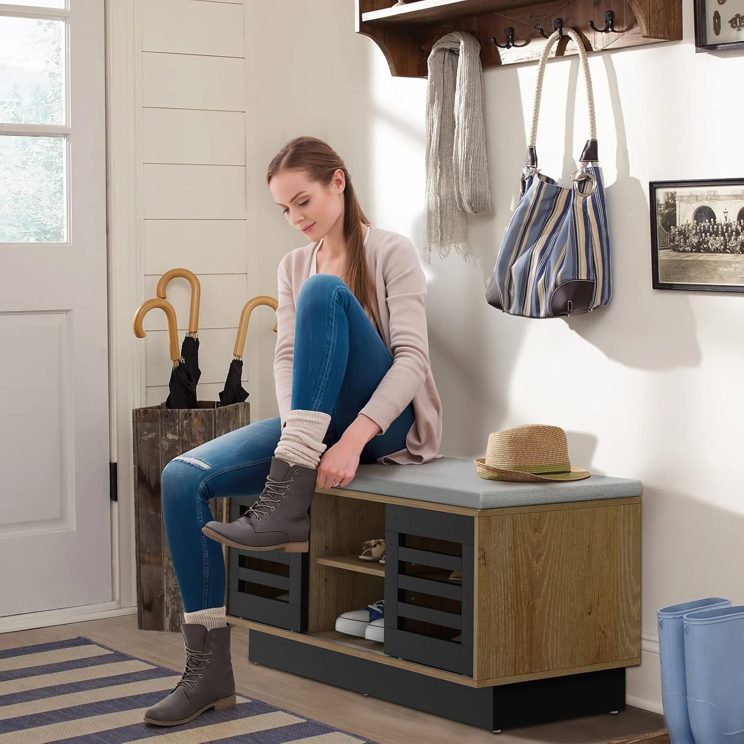 Panca Scarpiera con 6 Scomparti e 3 Ripiani Regolabili, Panca Porta Scarpe con Cuscino, Scarpiera con 2 Ante Scorrevoli, Mobile Scarpe per Ing - 8