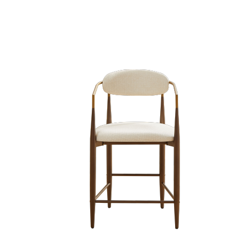 Lot de 2 tabourets de cuisine en tissu et métal marron, 2 sièges, beige avec dossier incurvé, accoudoirs, rembourrés - OKWISH - 6