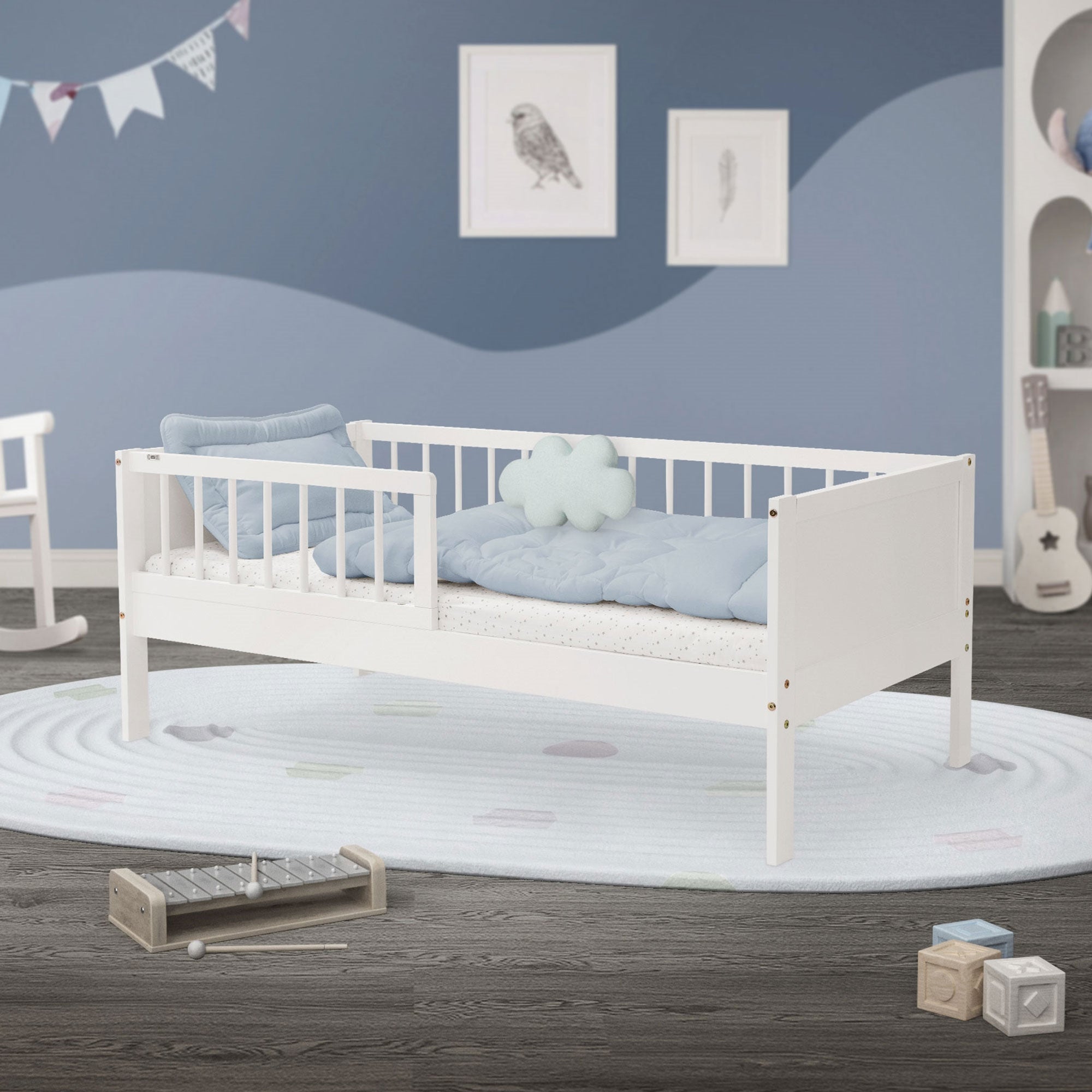 ML-Design łóżko dziecięce 70x140 cm biały z barierką sosnowe ze stelażem z listew zabezpieczenie przed upadkiem idealne dla chłopców i dziewczynek