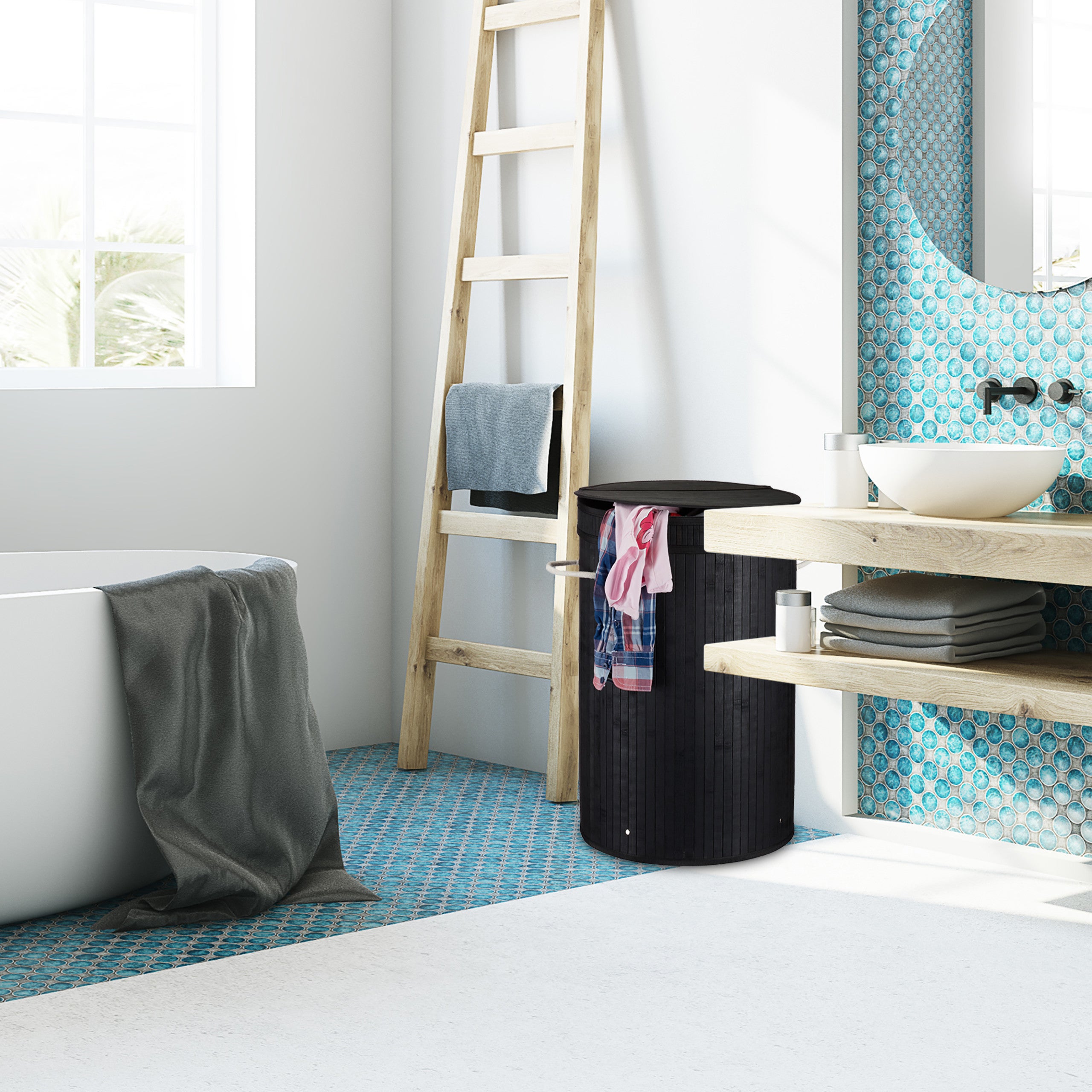 Panier à linge bambou, lot de 2, pliable, Corbeille à linge ronde, 65 L, Sac à linge, Ø 40 cm, blanc - 3