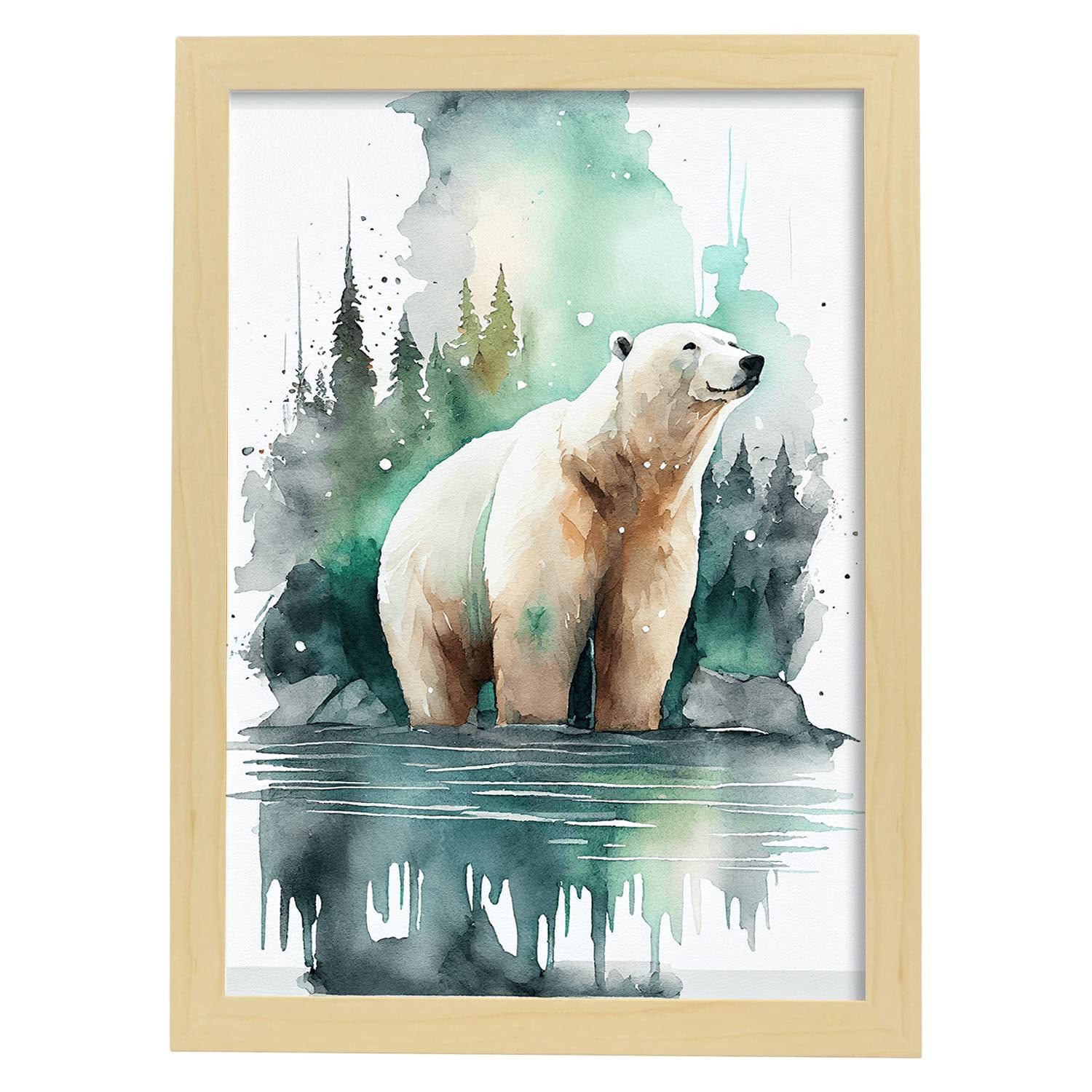 Nacnic poster de oso polar en estilo acuarela ilustraciones a todo color de animales salvajes en la naturaleza y a3 con marco de madera clara