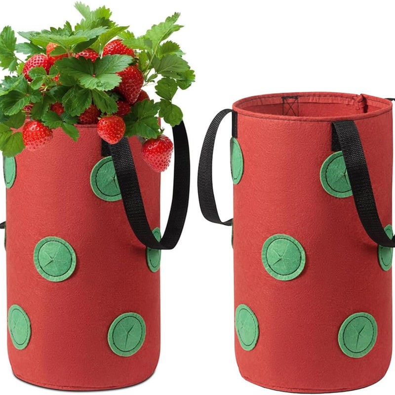 2-pak wiszących worków do uprawy truskawek z uchwytami i 12 otworami do sadzenia truskawek, warzyw i kwiatów, kolor czerwony