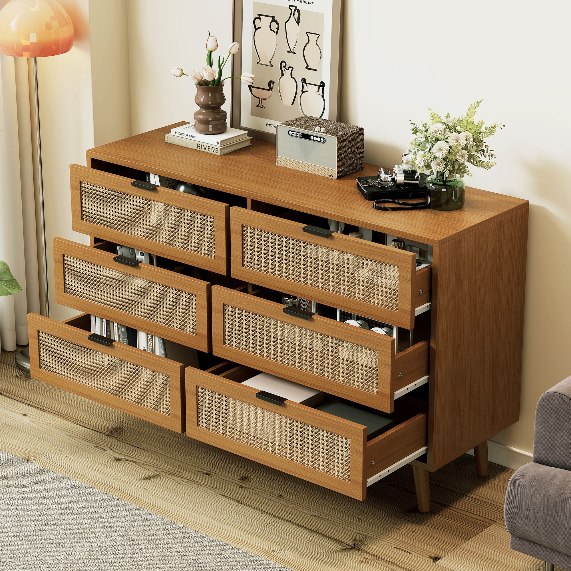 Commode 6 Tiroirs TOMI 110cm - Effet Noyer - 110x40x80cm - Montage Facile