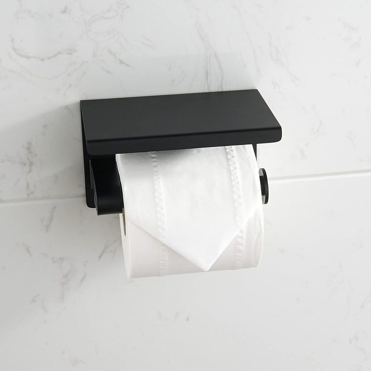 Porte-papier toilette noir, porte-rouleau de papier toilette en acier inoxydable 304 avec étagère pour téléphone, support mural pour papier toilette - 3
