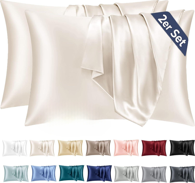 Lot de 2 taies d'oreiller en satin 50 x 70 cm, pour les cheveux, similaires aux taies d'oreiller en soie, 50 x 70 cm, certifiées Oeko-Tex, beige, et 2