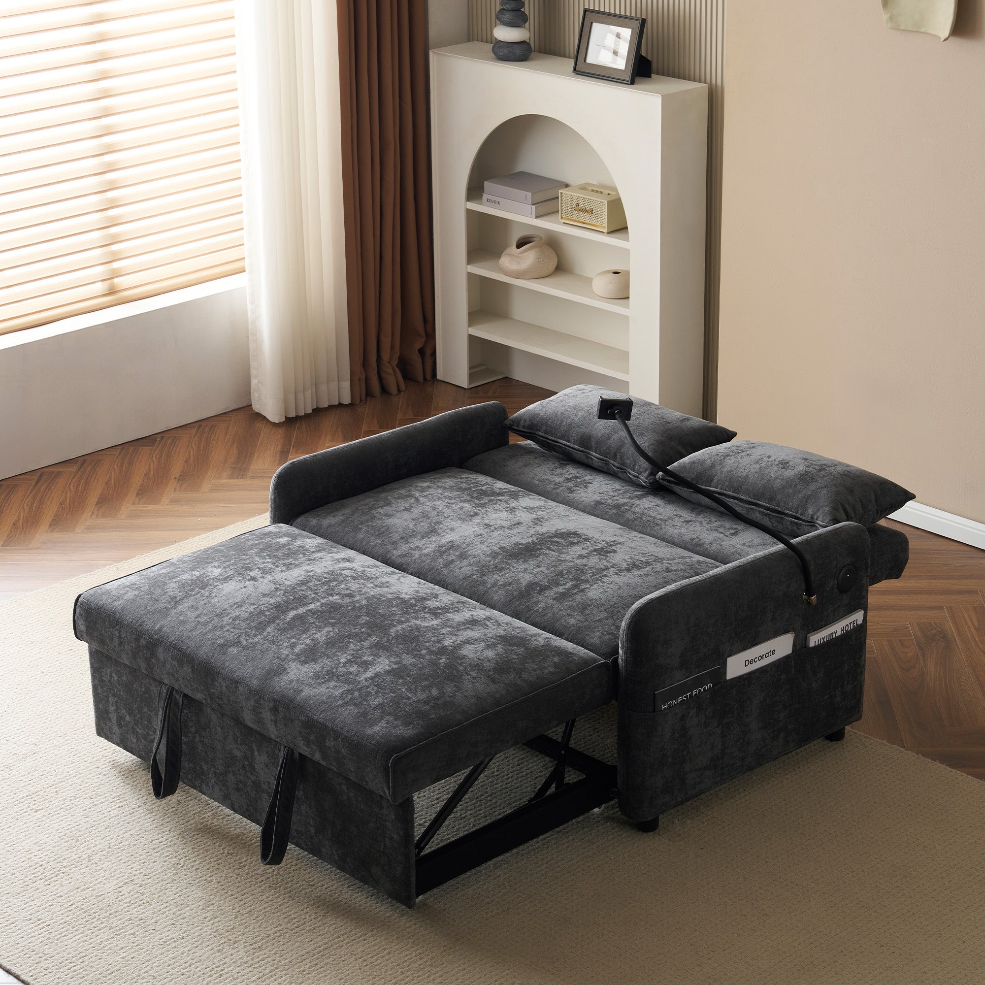 Canapé convertible 2 places avec dossier réglable - Support et prise USB - Tissu chenille - Fonction sommeil - Gris - 5