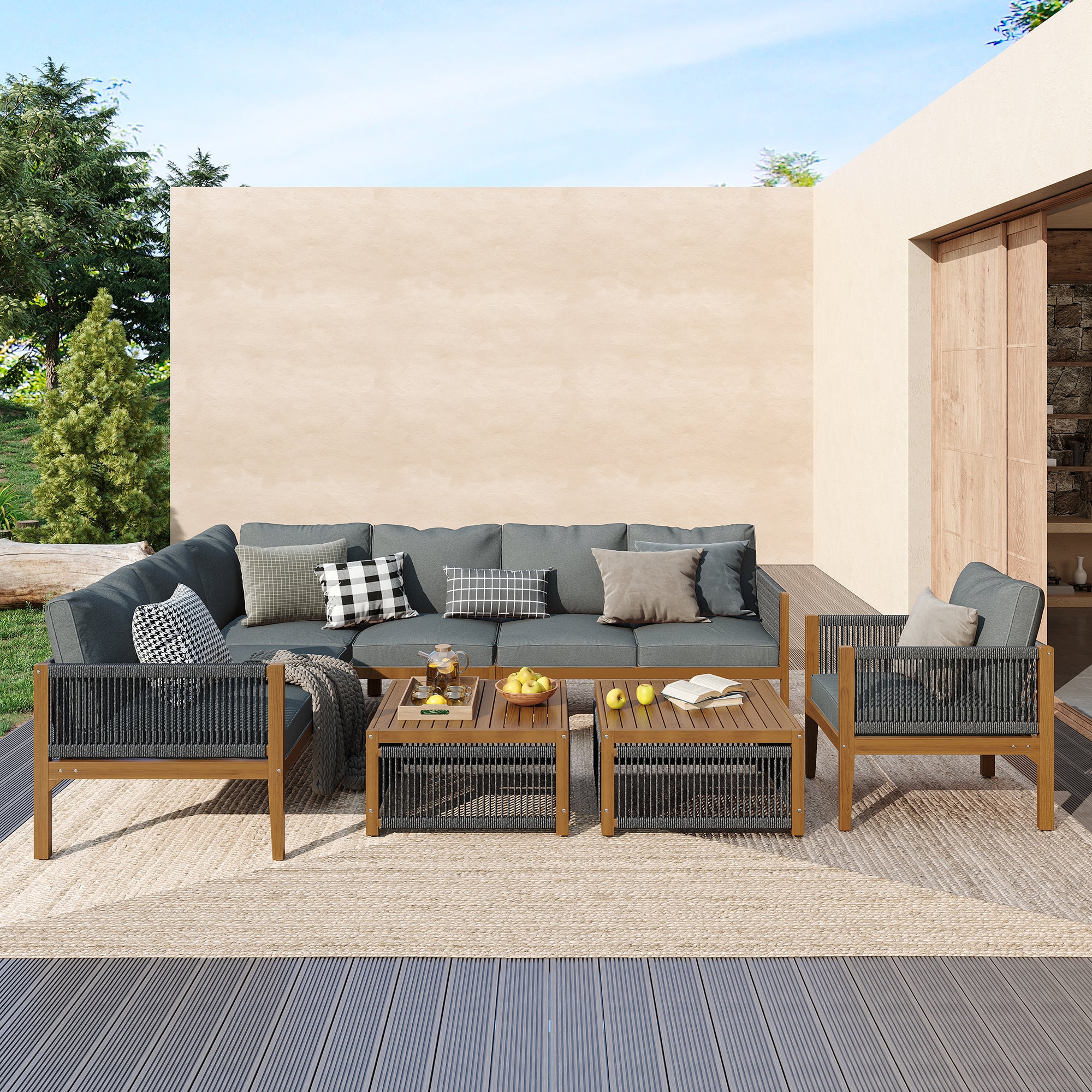 Salon de jardin modulable en bois d'acacia - przystosowany dla 7 osób - 2 kanapki, 2 fotele i 2 stoły basowe - Gris