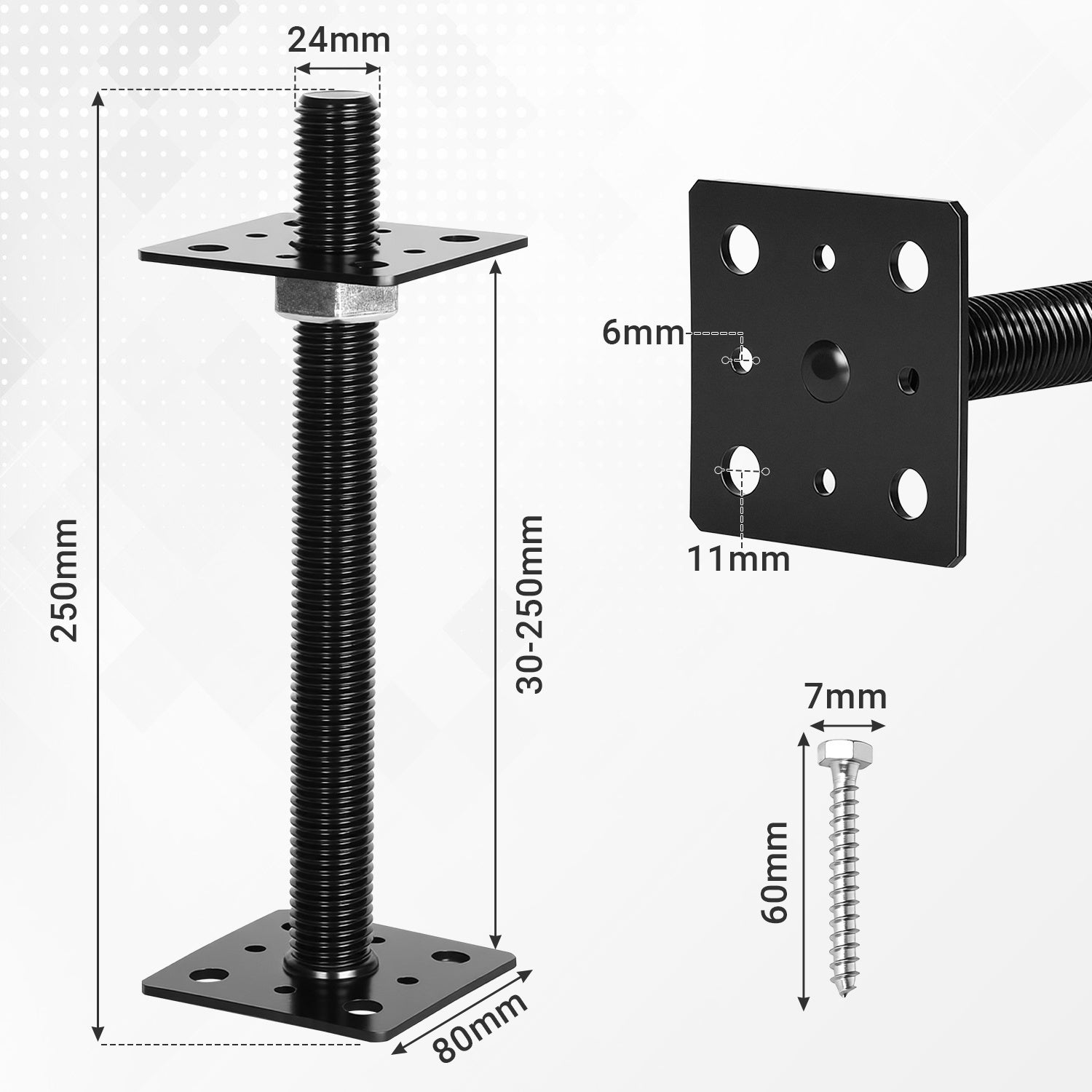 Support de poteau réglable en hauteur pour terrasse, pergola et clôture 30-250 mm Noir 4PCS - 2