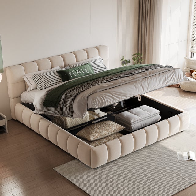 Cama adulto 140x190 cm con cabecero alto, almacenamiento hidráulico, somier, en terciopelo, beige, sin colchón