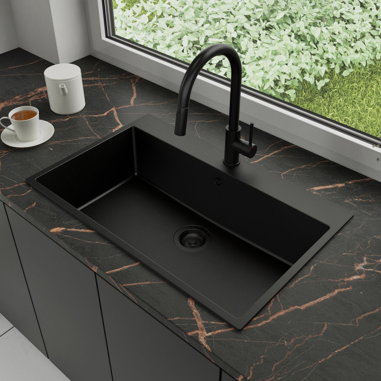 Zlewozmywak Granitowy 78x50cm, do szafki od 80cm + Bateria + Syfon - Amber Cały Czarny STONESTYLE