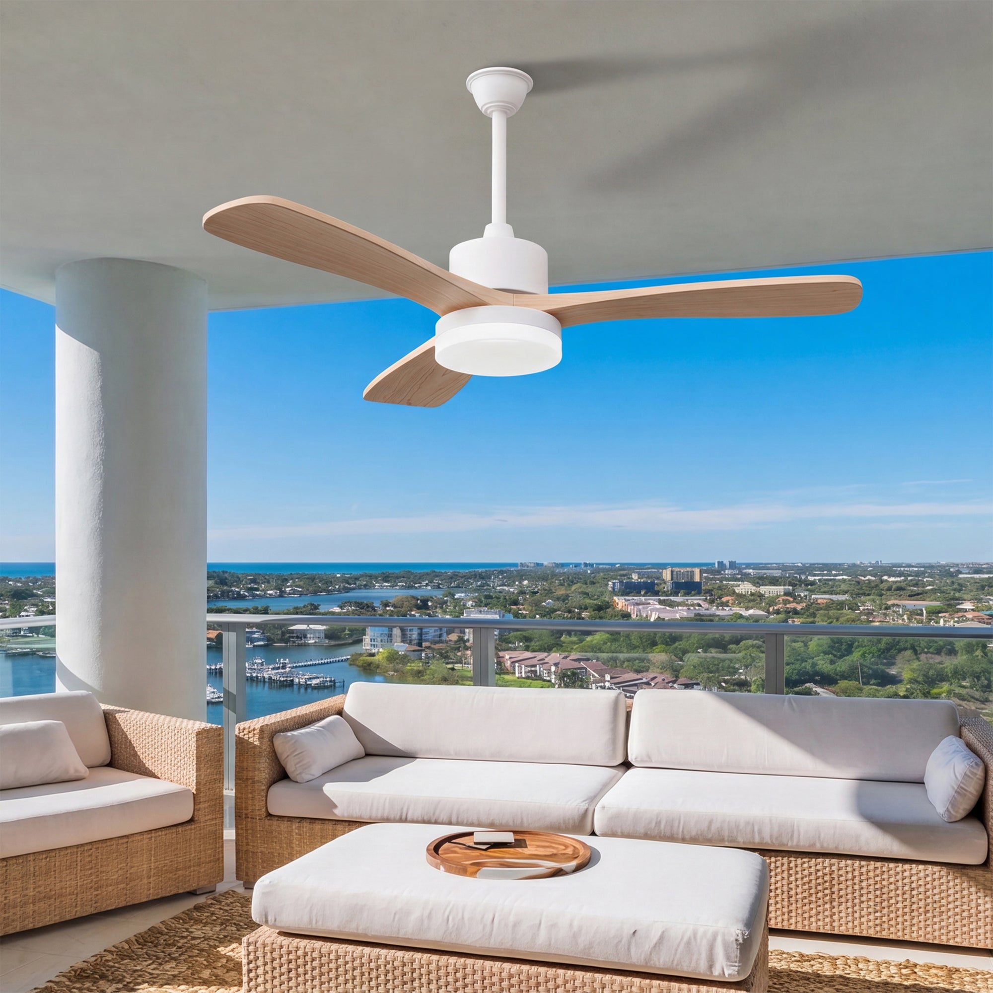 Ventilateur de plafond 2-en-1 couleur bois naturel avec éclairage LED (modèle à 3 pales de 42 pouces en bois massif), L106.6cm - 2