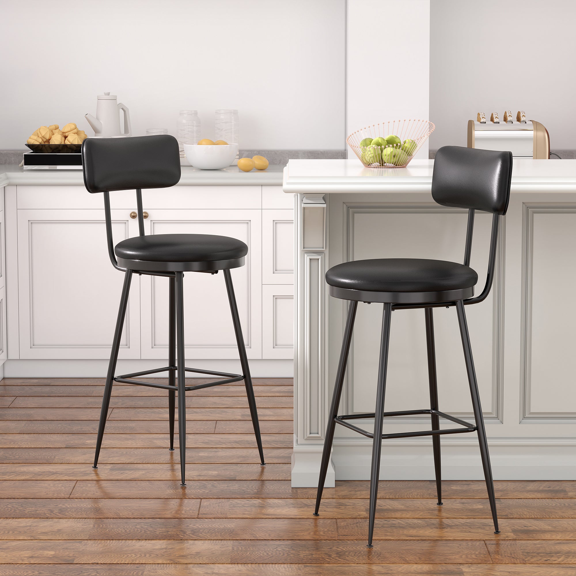 Tabouret de Bar,Lot de 2,Siège Rembourré,PU avec Coutures,Adapté pour Cuisine,Salle à Manger et Bar,Hauteur d'assise 65 cm,Noir - 4