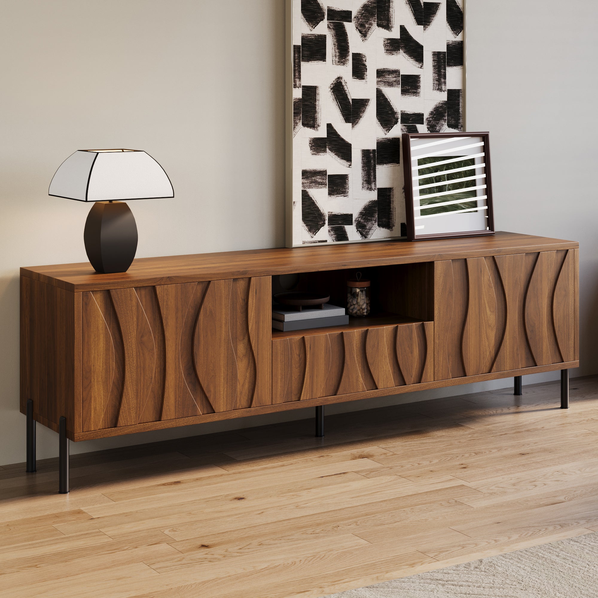 Stolik pod TV z 2 drzwiami, 1 szufladą i 1 otwartą przegrodą - 160 x 35 x 46 cm - MDF i metalowe nogi - Naturalny - 7