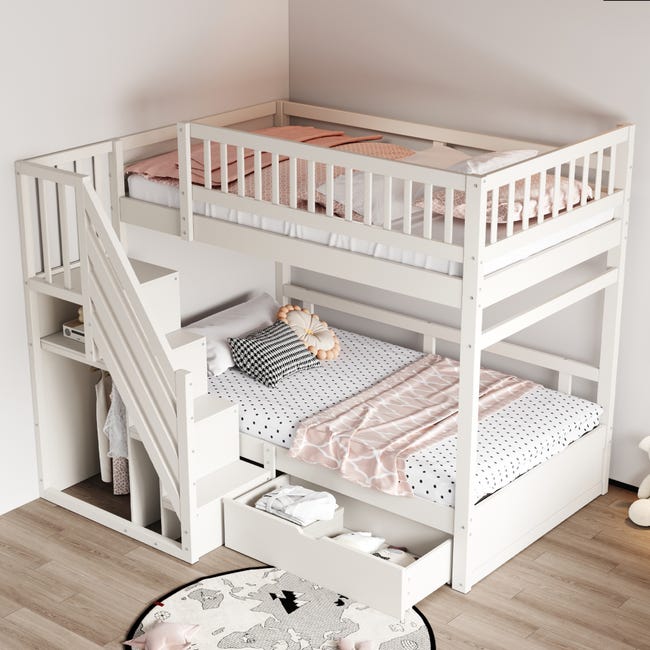 Litera De Madera Maciza 90x200 Cm Con Cajones Y Escalera - Convertible En 2 Camas, Segura Para Niños