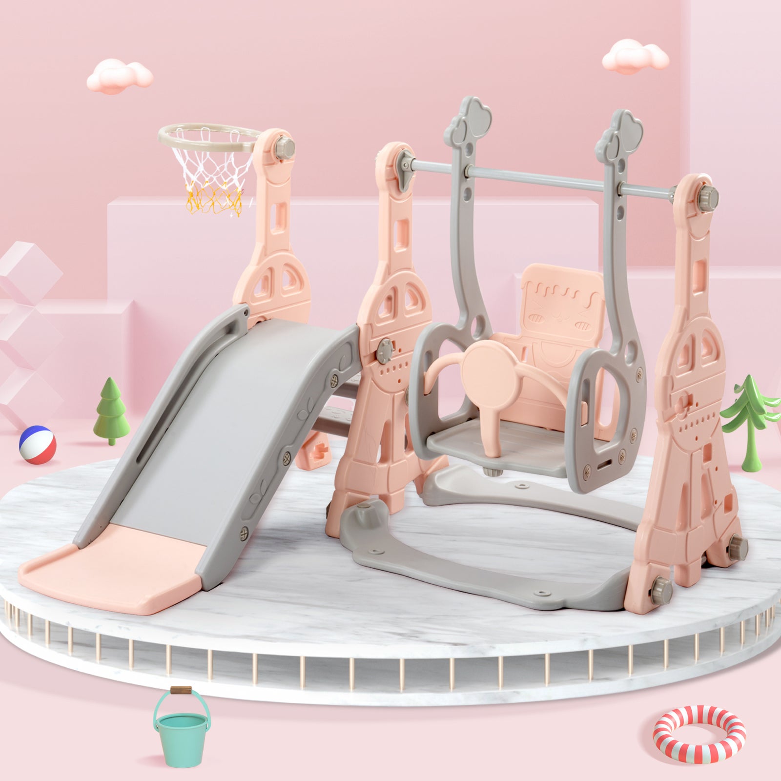 Toboggan pour Enfants 4 en 1,Toboggan Intérieure Enfant avec Balançoire,Panier de Basket et Échelle d'escalade,pour Enfants De 1 à 3 Ans(Rose) - 8