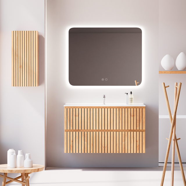 Feel Your Bath Meuble Salle de Bain Tiger 100 cm Chêne Nordique, Miroir 100x80, Plan Céramique Blanc, 2 Tiroirs Soft Close, Design Moderne