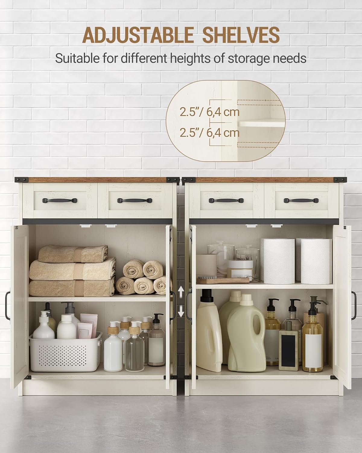 Meuble de Salle Bain, Meuble de Rangement avec 2 Tiroirs, Armoire de Salle Bain avec 2 Portes, Étagère Réglable,Blanc Rustique et Marron Miel - 5
