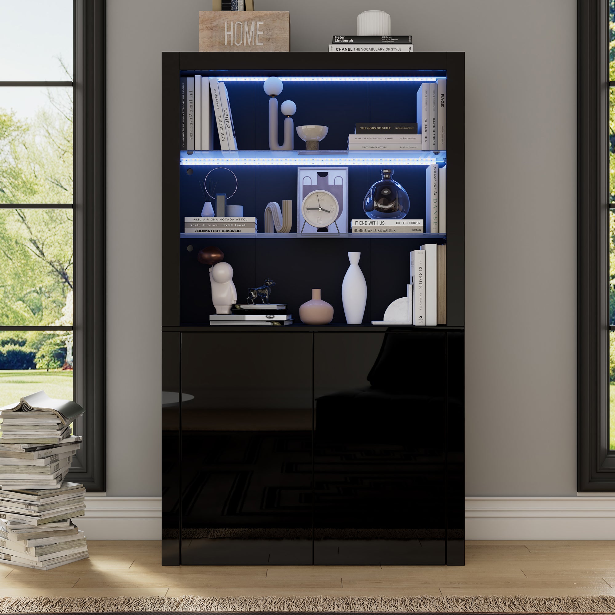 Witryna z 2 szklanymi półkami i 2 drzwiami, kredens - 100 x 35 x 170 cm - diody LED - płyta MDF + płyta wiórowa - połysk czarny