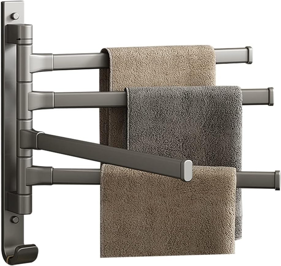 Obrotowy wieszak na ręczniki z haczykiem, obrotowy o 180°, aluminiowy wieszak na ręczniki, szary (4 ramiona)