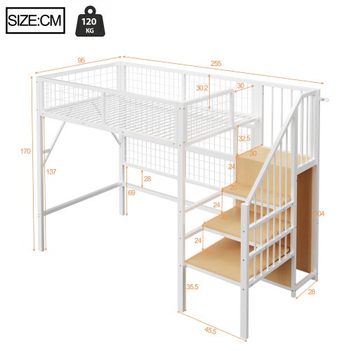 Lit mezzanine 90x200cm, lit enfant avec éclairage LED, escalier de rangement, penderie ouverte, garde-corps en filet, sans matelas, blanc - 4