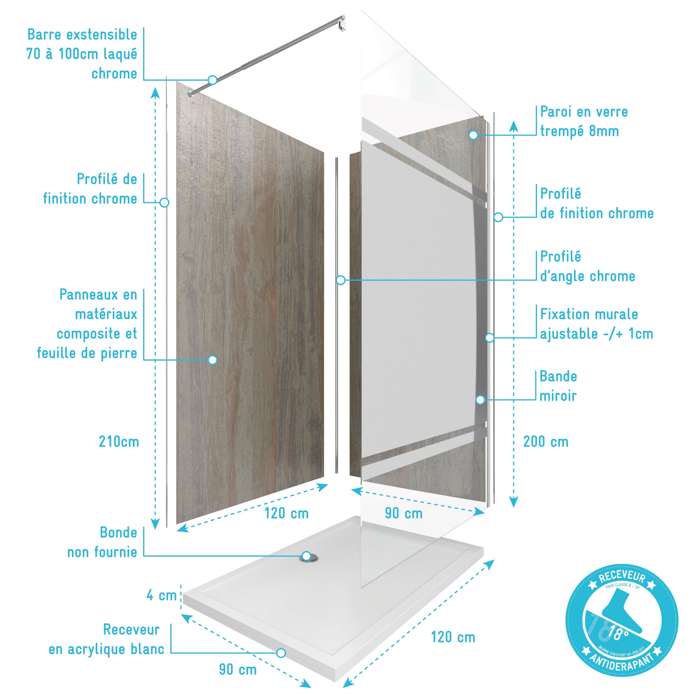 Pack panneaux muraux Wood Stone + paroi FREEDOM 2 MIROIR + receveur WHITNESS - 4