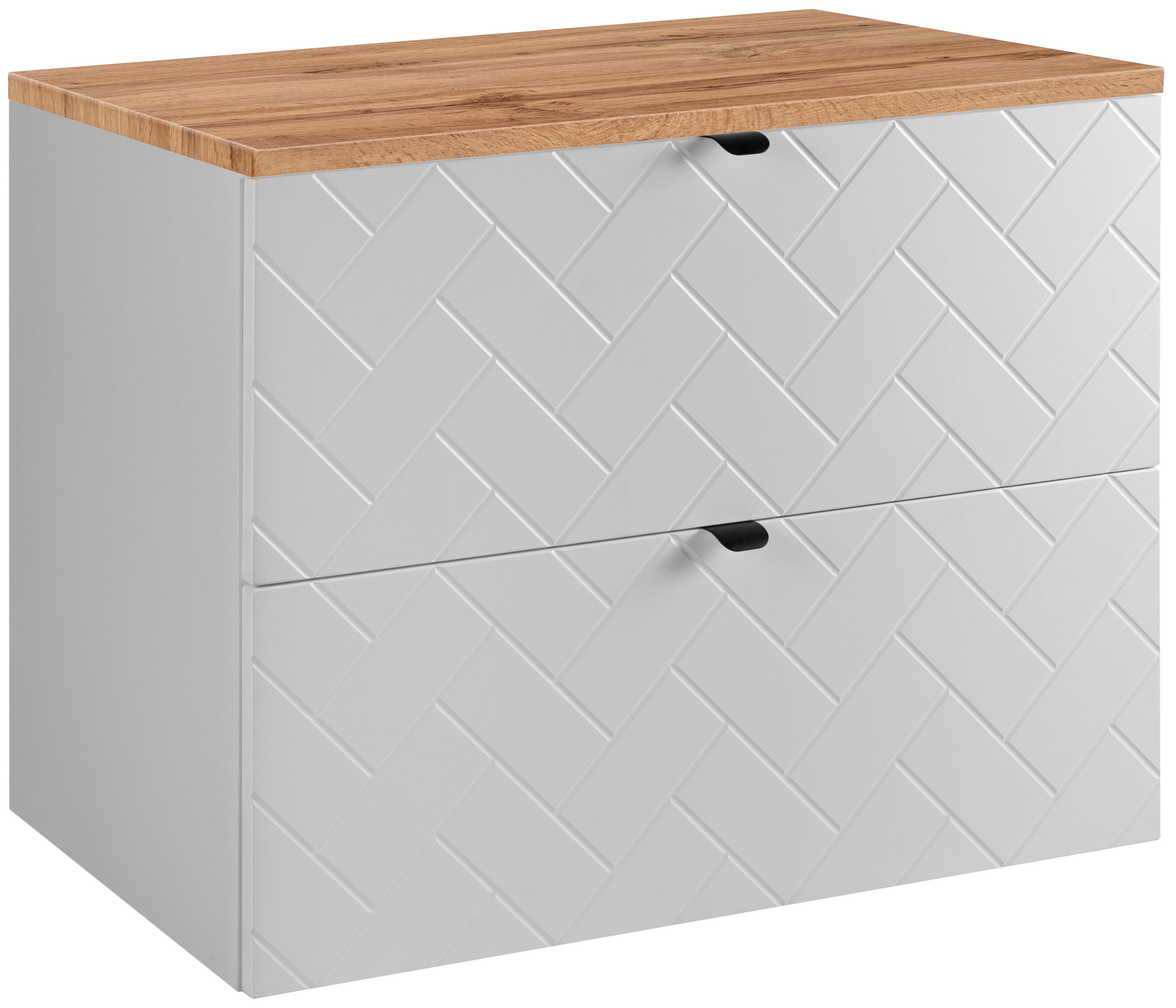 Szafka łazienkowa MADIS 80 cm biały z blatem dąb wotan wisząca frezowane szuflady