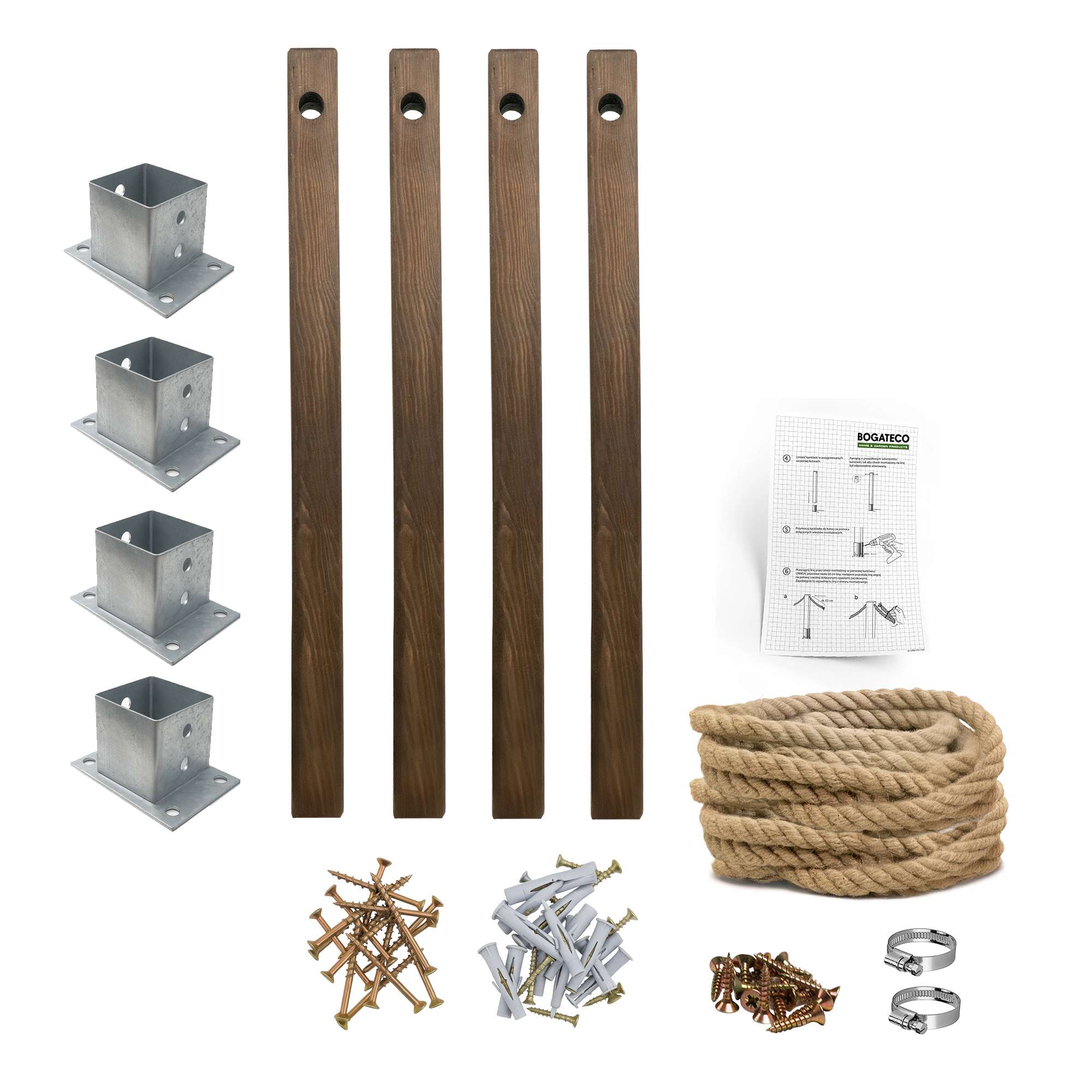 BOGATECO Clôture en bois avec corde de jute | Clôture voile 16 m|13 longueurs différentes|Kit de montage inclus Douille de terre avec plaque d'ancrage - 4