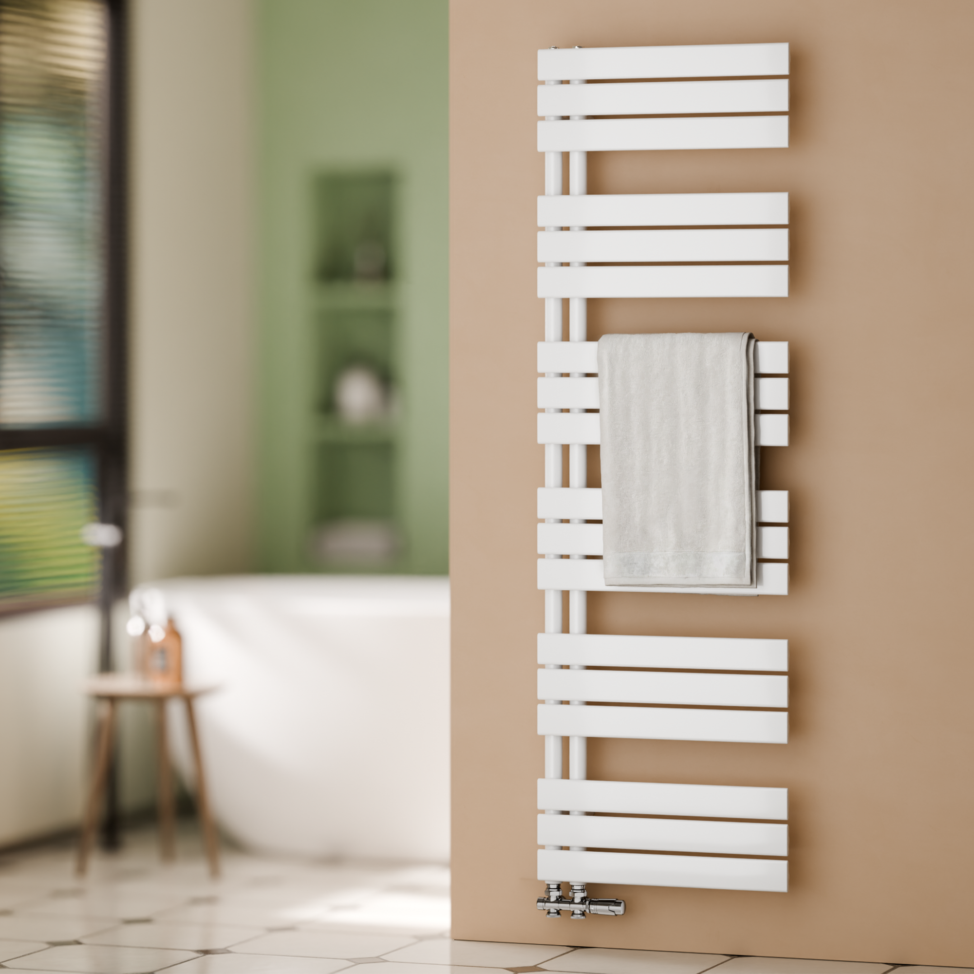 Grzejnik łazienkowy drabinkowy na ciepłą wodę - Stalowy z podłączeniem środkowym - Kolor biały - Wymiary 1599 x 500 mm - Moc 794 W
