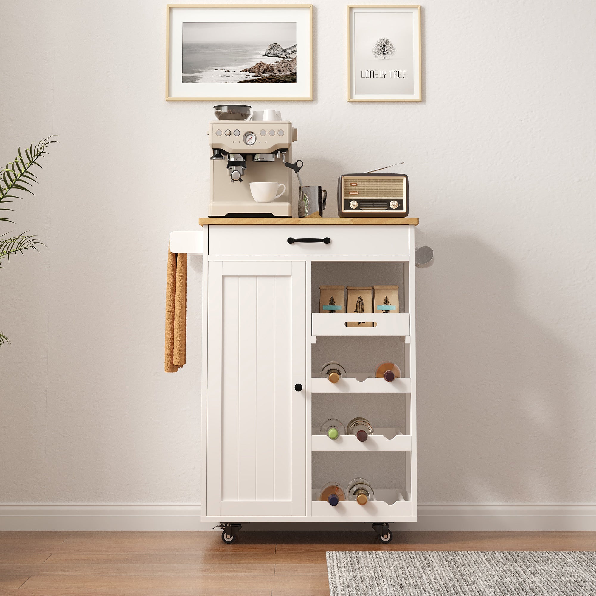 Desserte de cuisine mobile sur roulettes blanc - Chariot avec range-bouteilles, tiroir et plan de travail en bois MDF - 64x40x91cm - 9