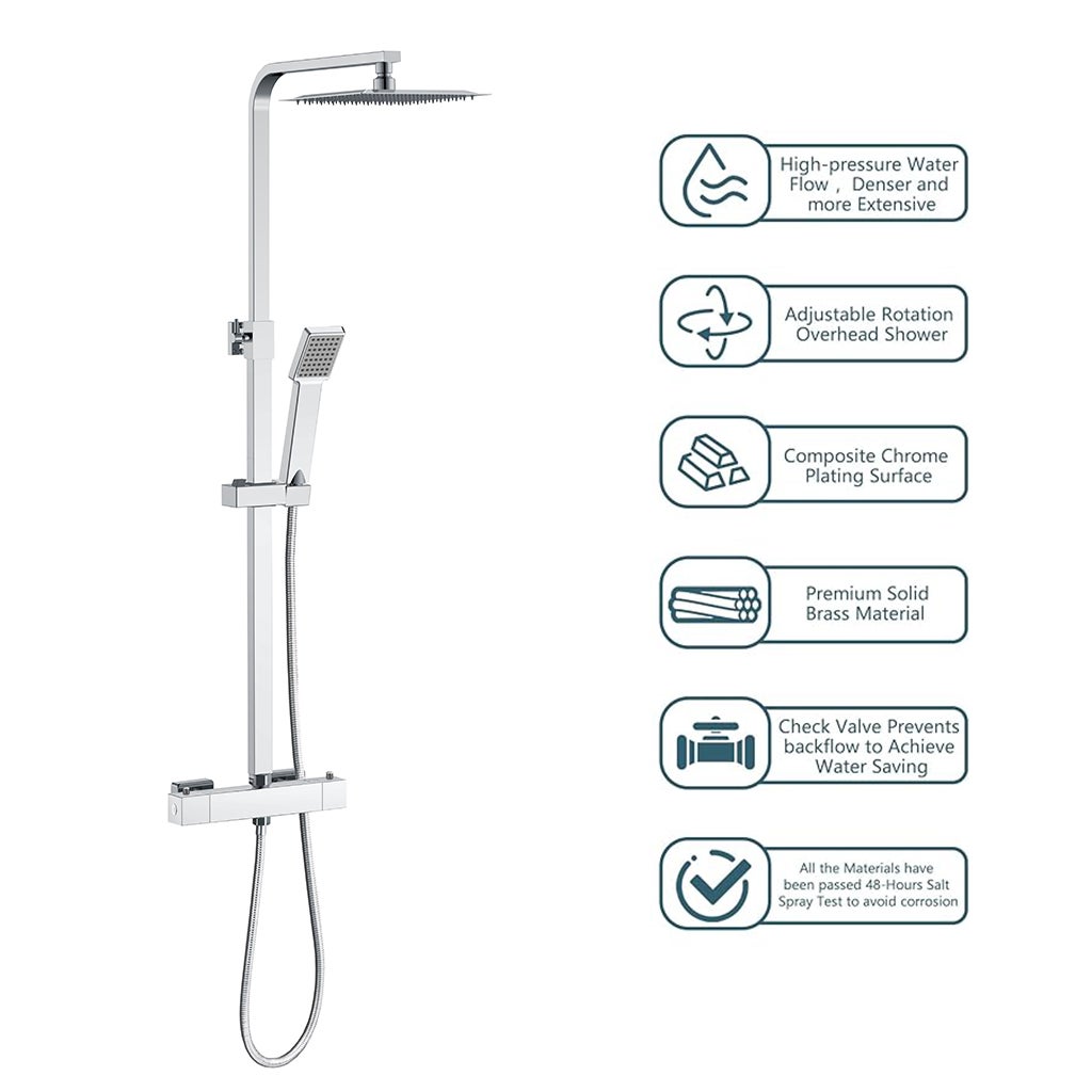 AICA Kit doccia con rubinetto termostatico, soffione doccia quadrata acciaio inox, asta doccia regolabile 76-118cm, cromato, antiscottatura - 9