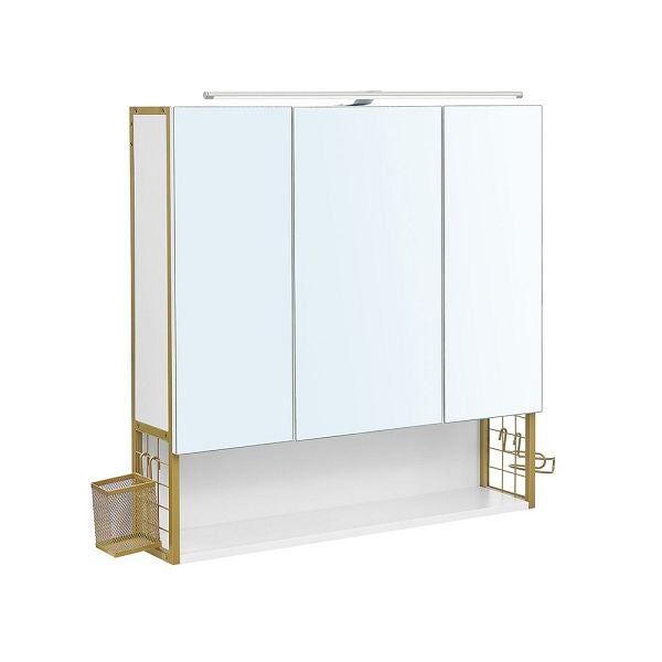 Dulap de baie de perete, 3 usi cu oglinda, compartiment deschis, 15x70x70 cm, alb auriu