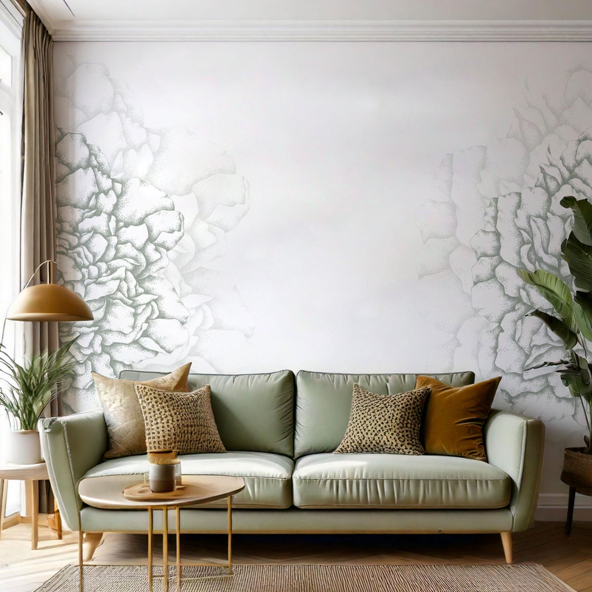 Cuore di peonie carta da parati panoramica Verde di grigio 225x250cm - 6