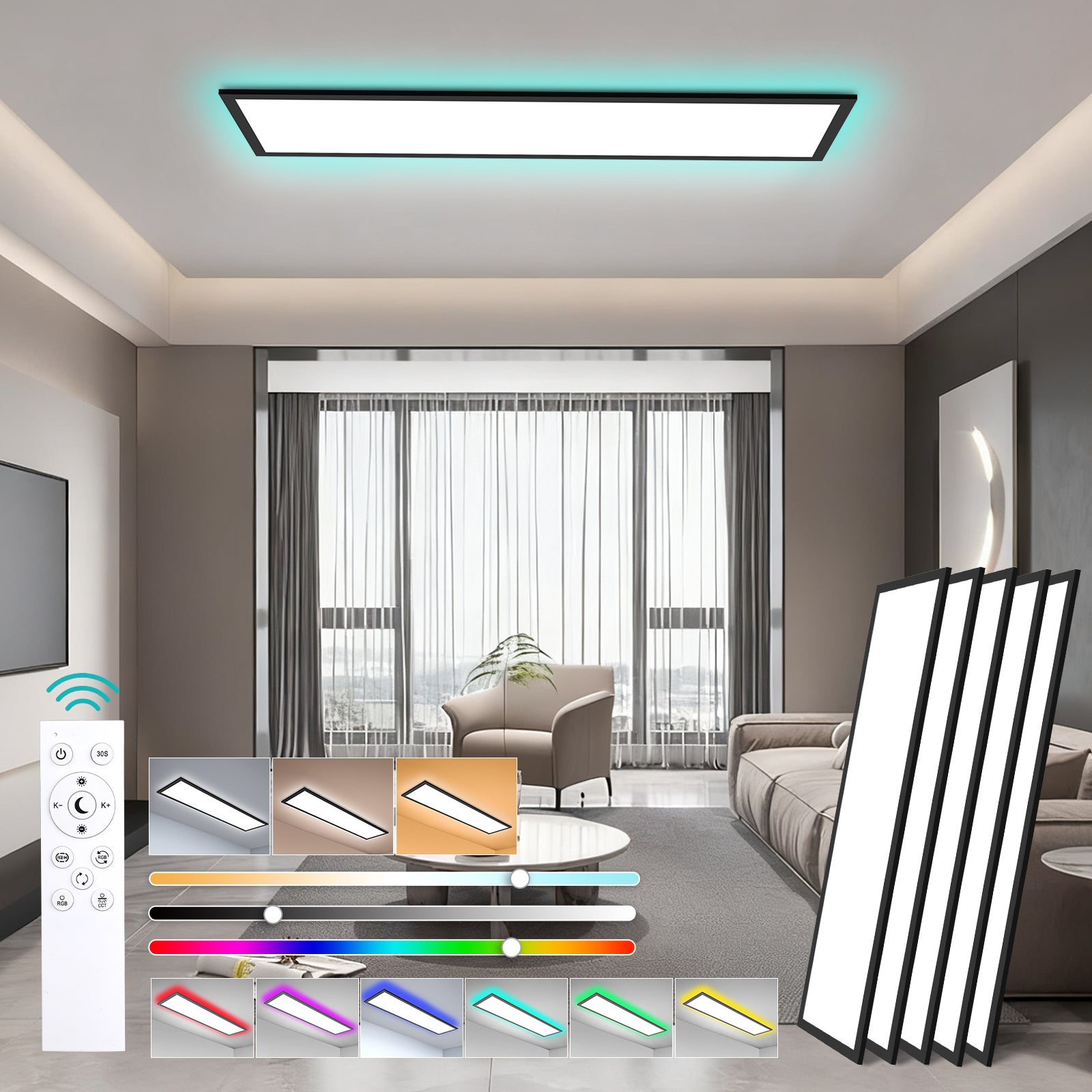 LOVHAUS 5PCS Lampa Sufitowa LED 36W Czarna 120x30 cm, Panel LED Sufitowy Prostokątny Ściemniający RGB do Salonu, Biura, Kuchni Wewnętrznej z Pilotem