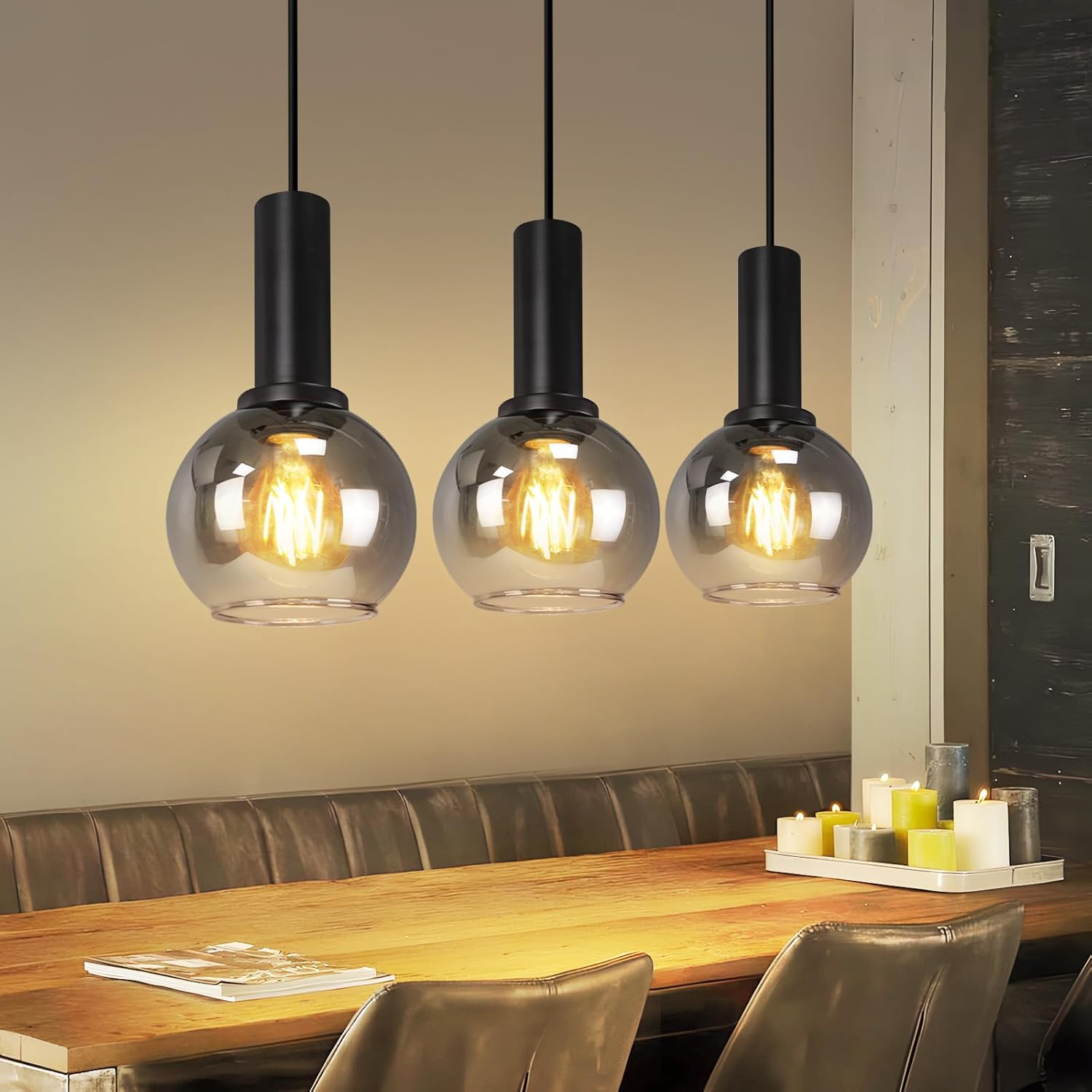 ZMH Lampa wisząca do jadalni z 3 żarówkami (E27) Lampa wisząca ze szkła w stylu retro do sypialni lub baru