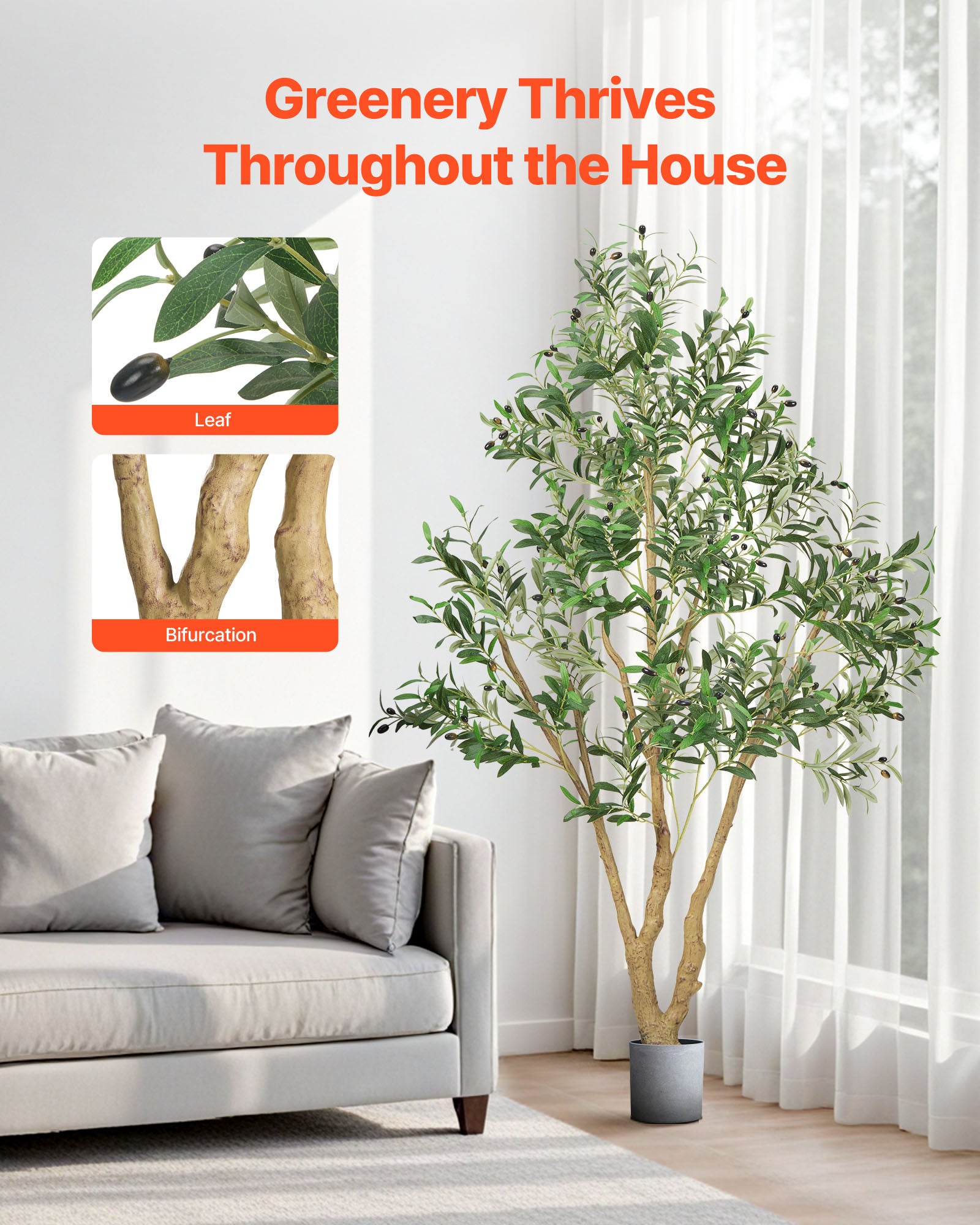 Albero Artificiale Olivo 1,8 m VEVOR, Pianta Decorativa in PE con Vaso Nero, Fogliame Realistico, Finto Ulivo per Ufficio, Camera da Letto, Interni - 3