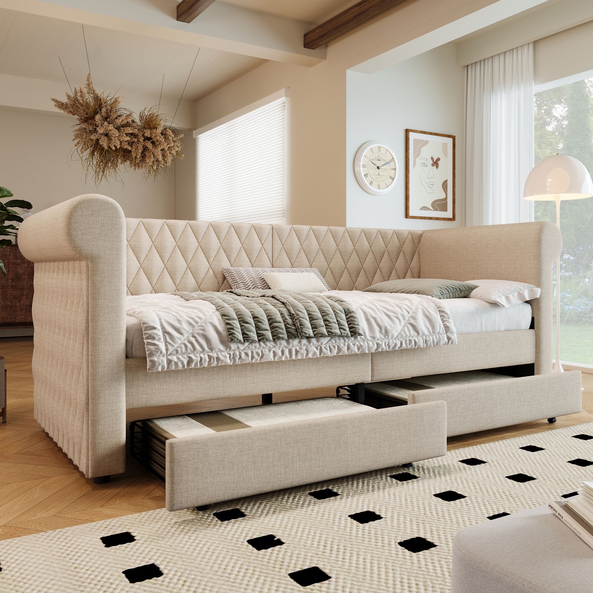 Divano letto imbottito con testiera retrò 90x200 cm, con