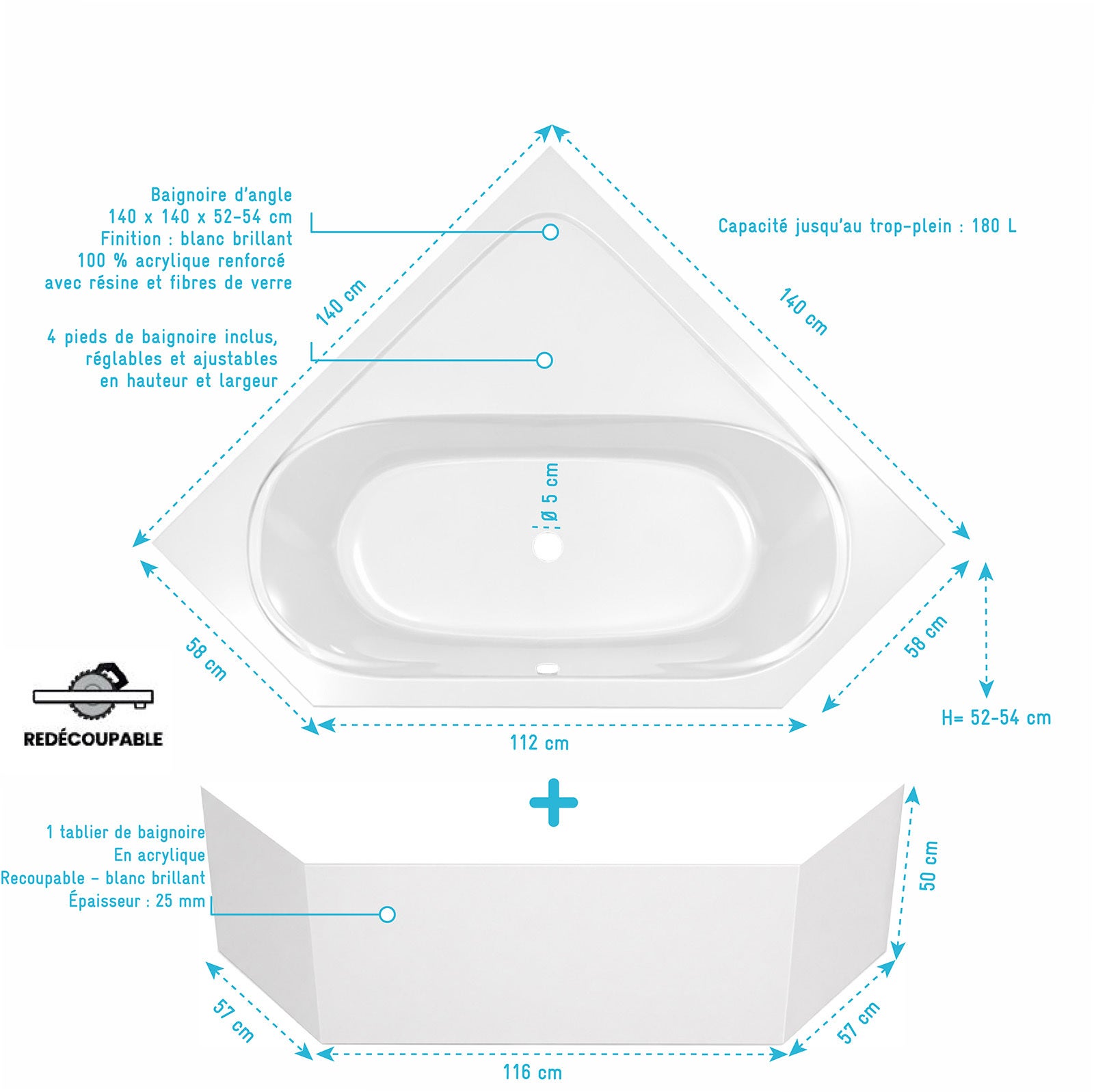 Pack Baignoire d'angle 140x140x54 cm avec Tablier recoupable - Blanc Brillant - MARINA - 4