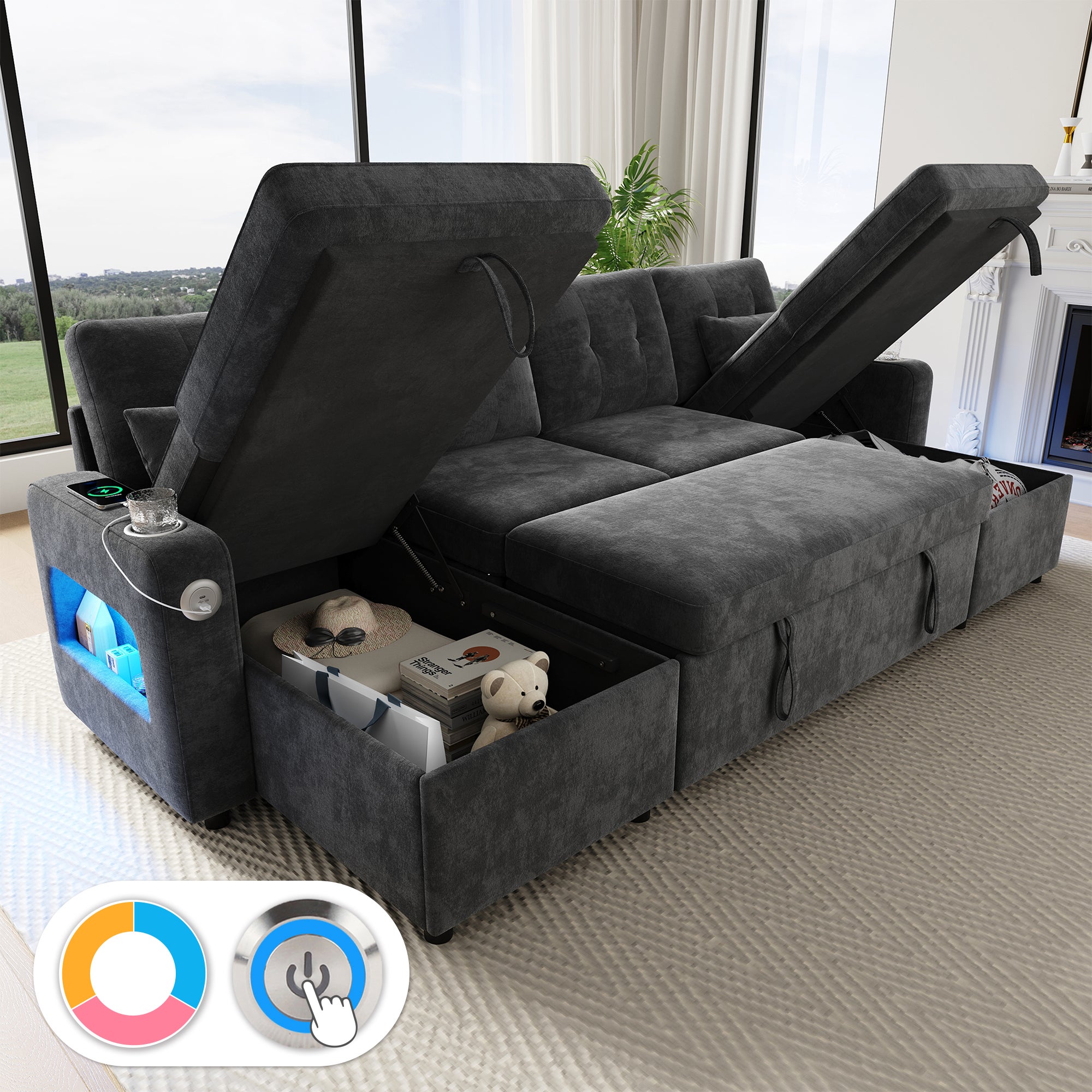 4-osobowa sofa narożna - ze schowkiem - z uchwytem na kubek - z portem USB - z oświetleniem LED - szary