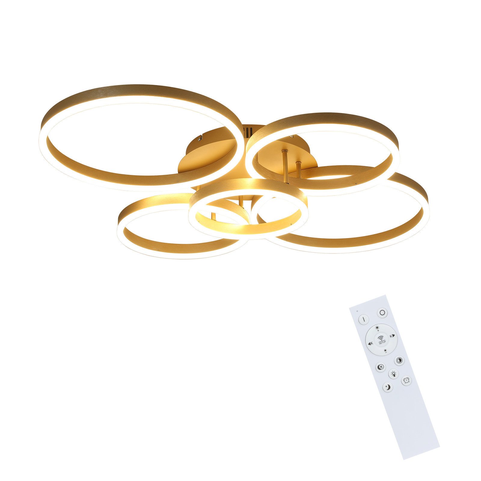 NETTLIFE Lámpara de techo LED para sala de estar, regulable, 78 W, 3000-6500 K, 5 anillos de acrílico moderno dorado con control remoto - 9