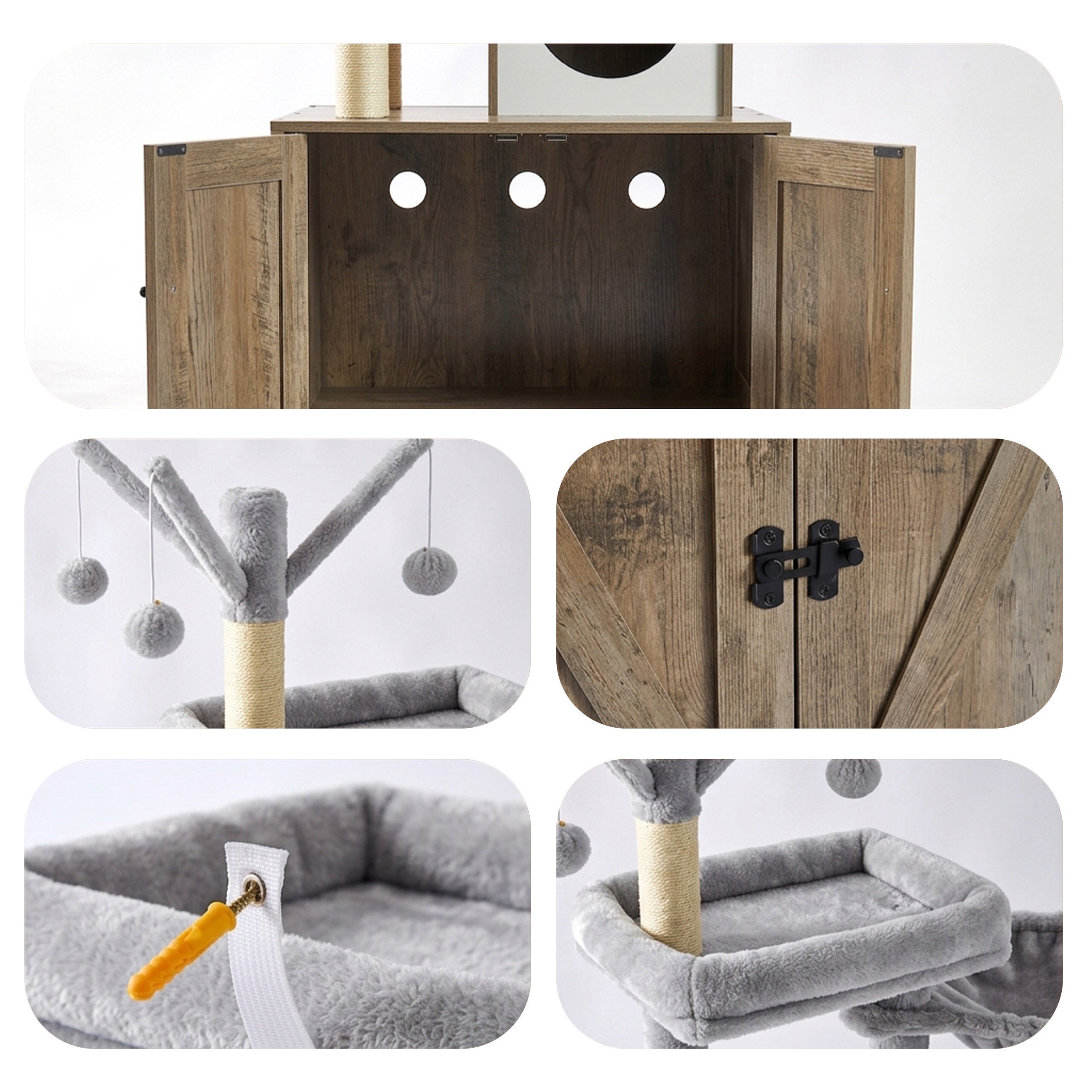 Árvore para gatos com armário para caixa de areia, 150 x 60 x 49 cm, postes de sisal e cama, efeito madeira branco, Relaxdays - 7