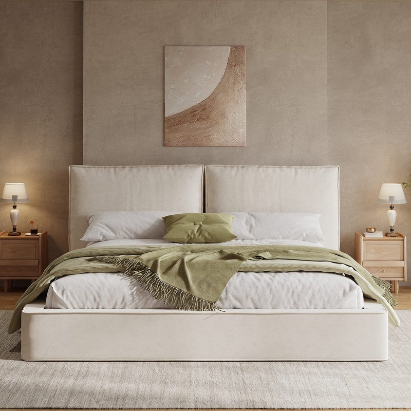 Lit Double Adulte 160x200 en Tissu Chenille Beige,Cadre de lit avec Tête de lit capitonné,Sommier à Lattes Inclus pour Chambre Parentale Sans Matelas - 2