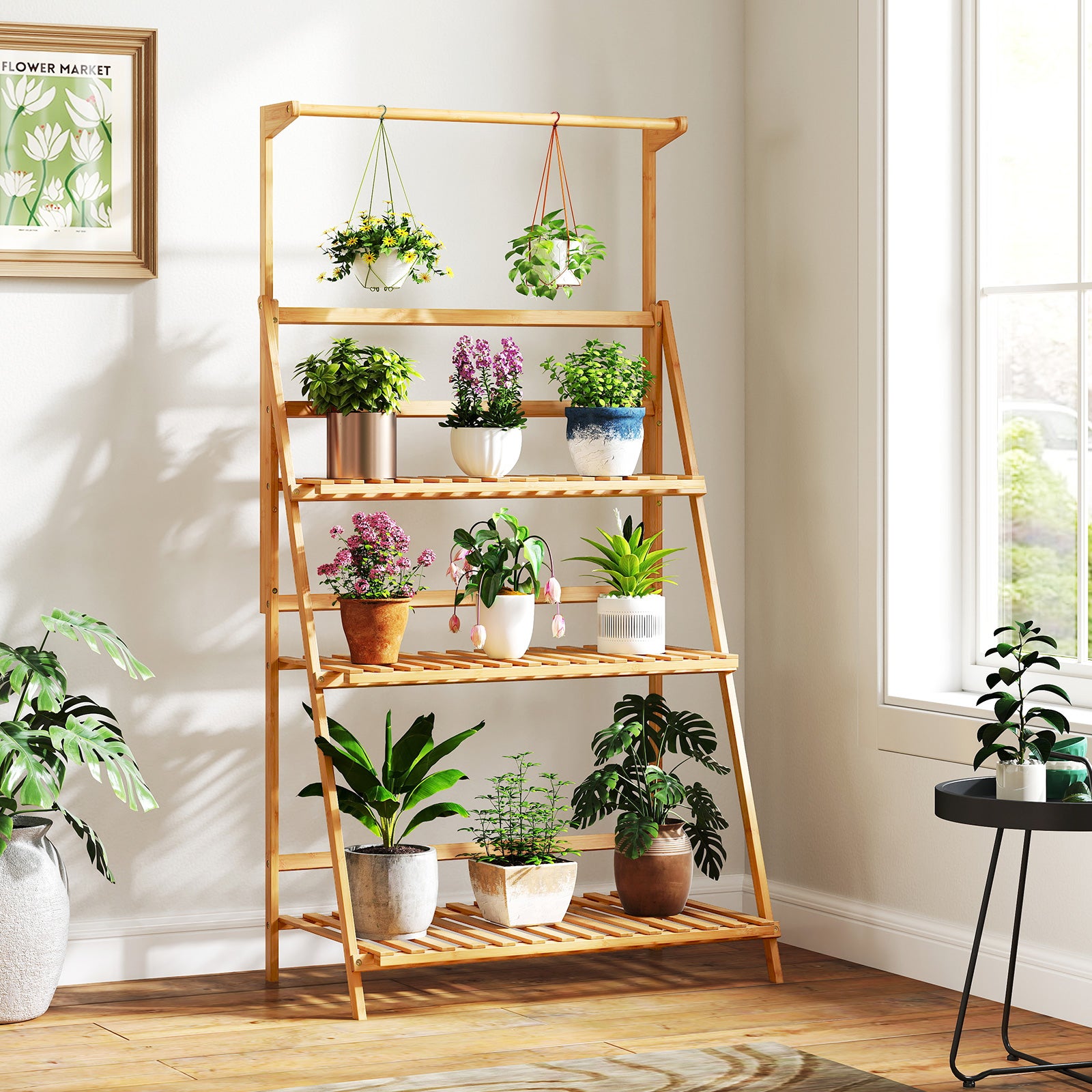 Etagère de jardin pliables à 3 niveaux de rangement, Support Plantes Interieur, 71×40×120-144 cm, bambou brut - 2