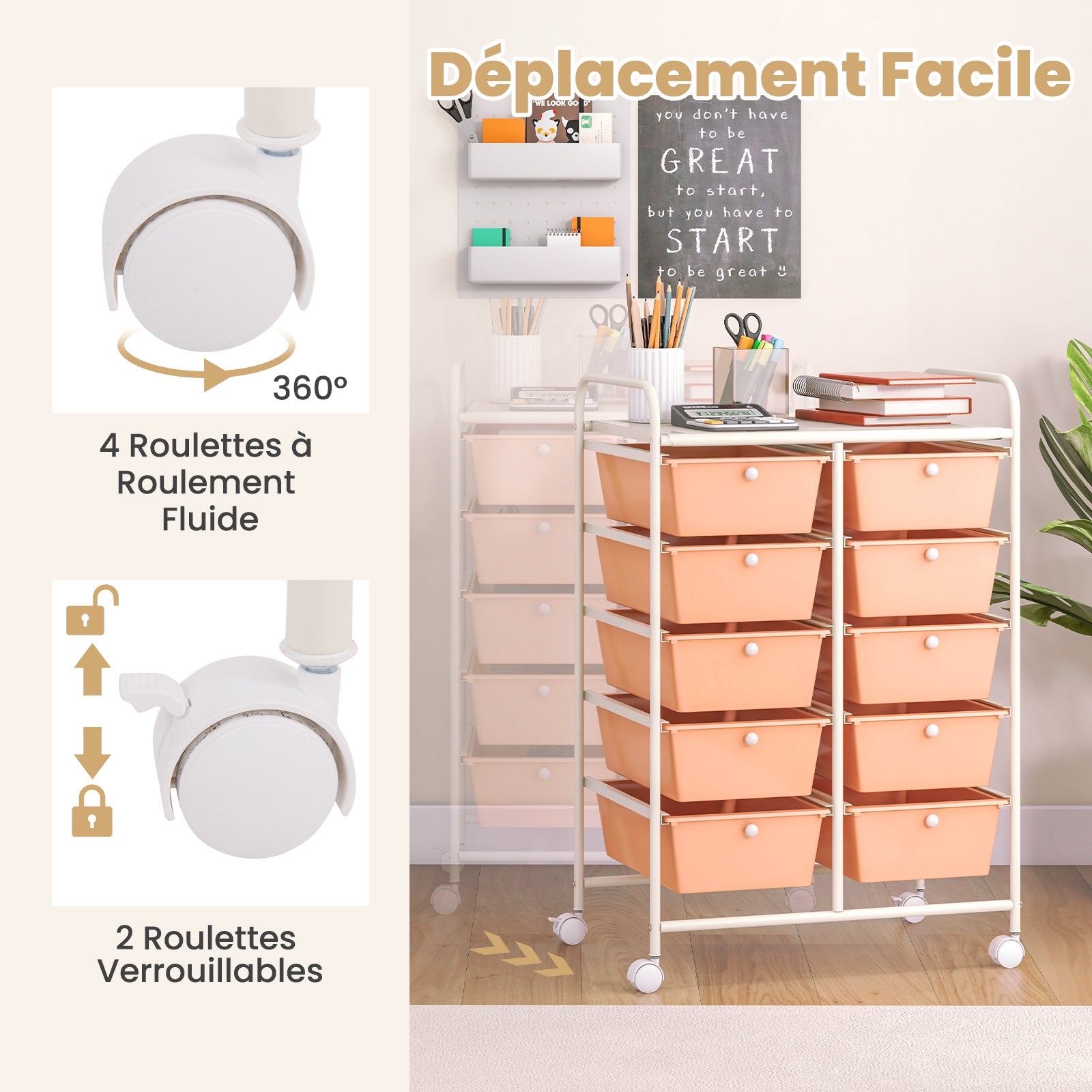 Chariot de Rangement 10 Tiroirs en PP, Tour de Rangement, Salle de Bain, Maquillage, Cuisine, Rose Pêche - 4