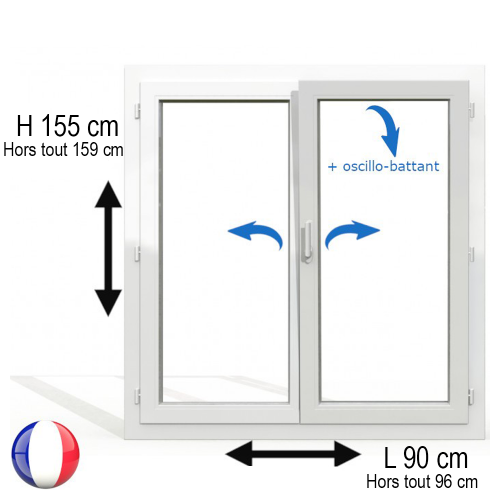 Fenêtre PVC 2 vantaux H 155 x L 90 cm OB pour pose en neuf avec poignée