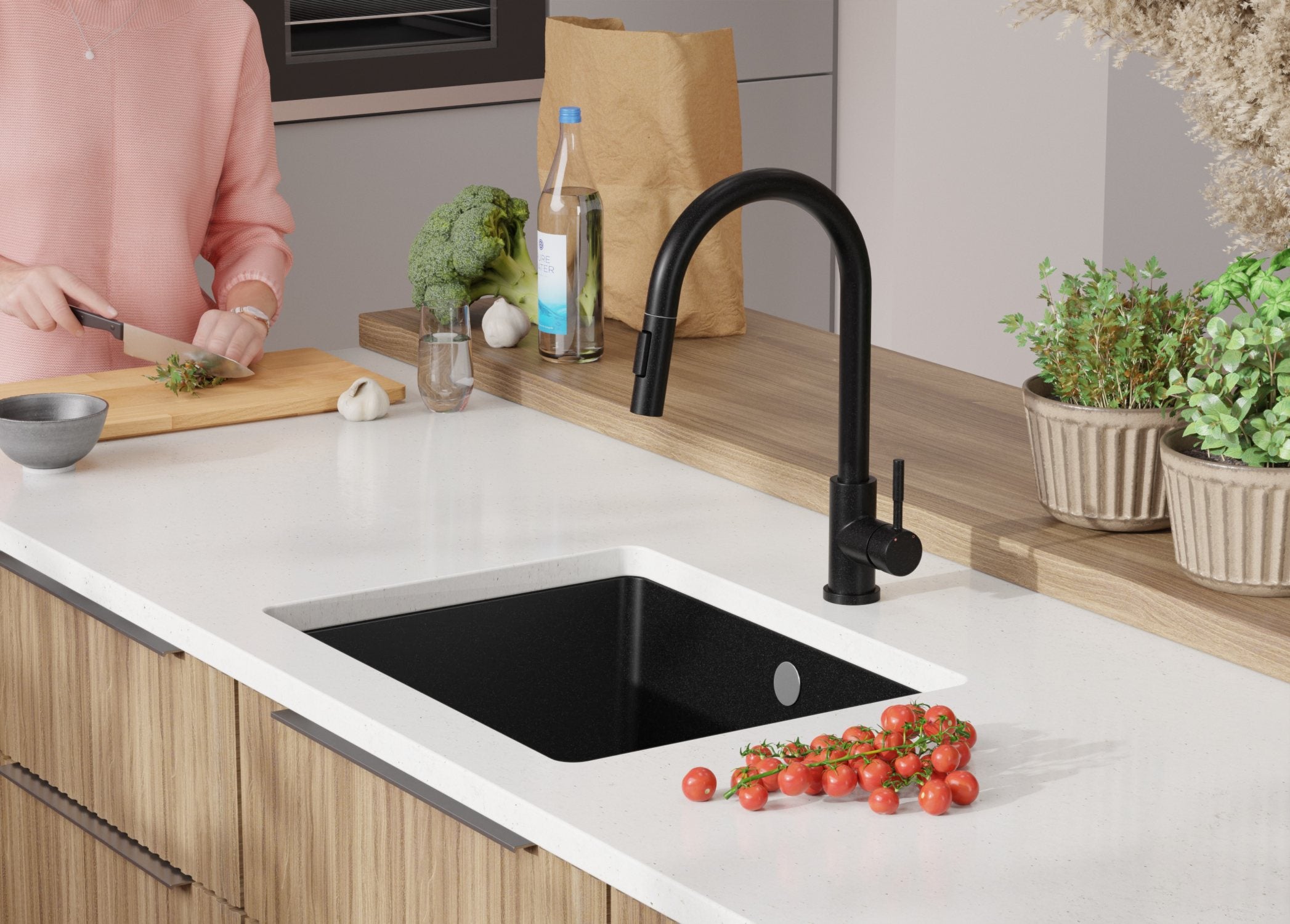 Fregadero bajo Encimera Todo Negro 56x44cm, Cocina 1 Seno + Sifón, Granito al mueble 60cm - Venecia Easy PRIMAGRAN - 9