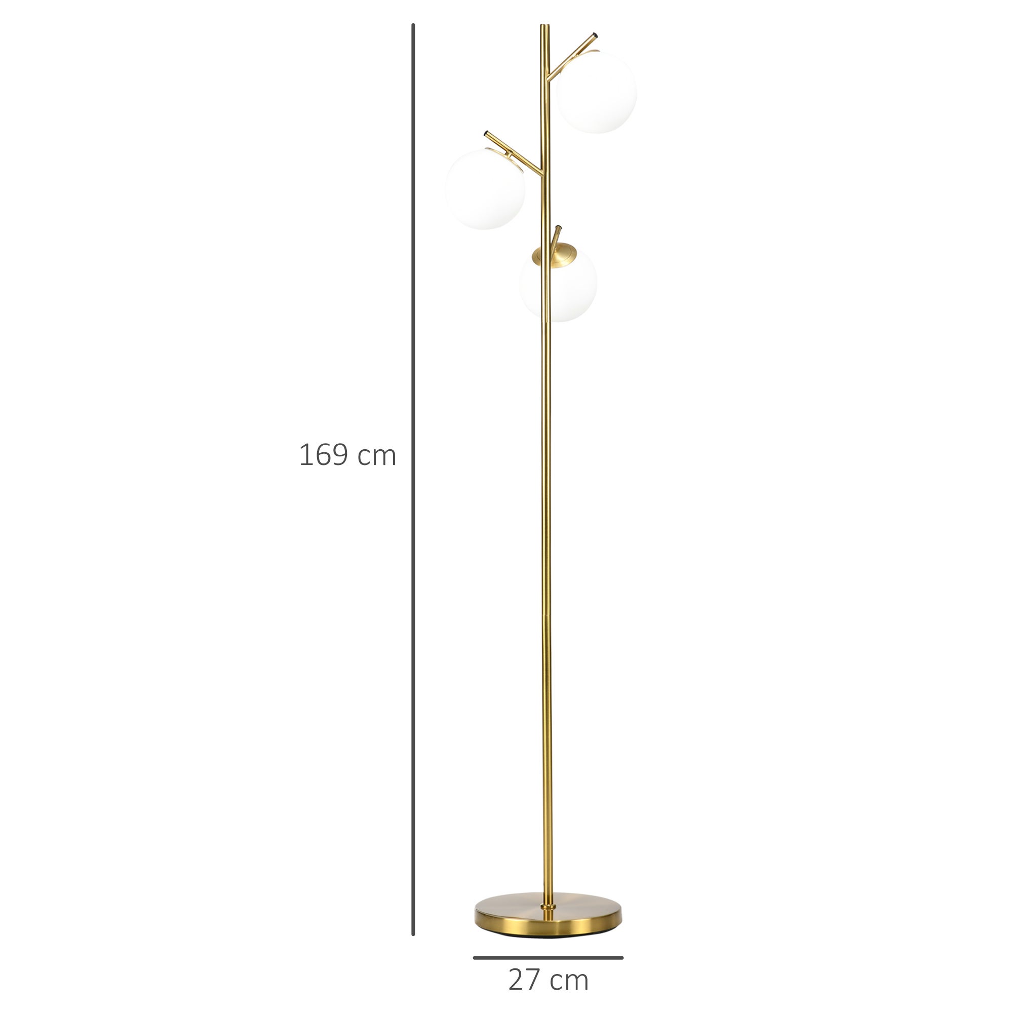 Lampadaire sur pied - HOMCOM - salon métal doré 3 abat-jours globe blanc verre dépoli - métal - Ø 27x169cm - doré - 3