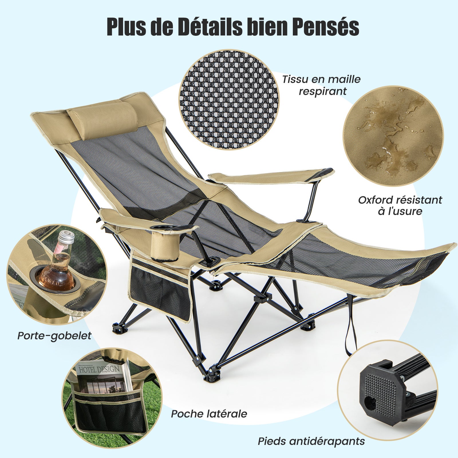 Chaise de Camping Pliable, Poche Latérale et Porte-Gobelet, Charge 150 KG(Kaki) - 8