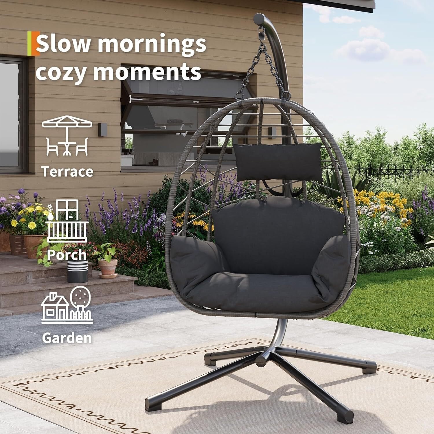 Fauteuil œuf suspendu en rotin avec support et coussin, pliable avec housse de protection, max 130 kg, pour intérieur et extérieur - 4
