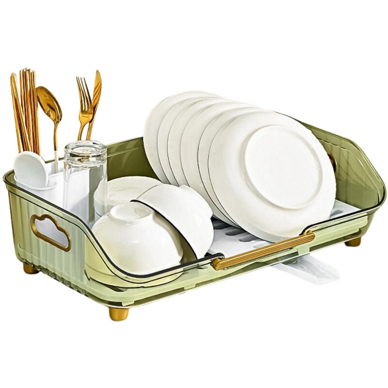 Ociekacz do naczyń kuchennych z automatycznym odpływem, antykorozyjny i z wyjmowanym pojemnikiem na sztućce - Zielony