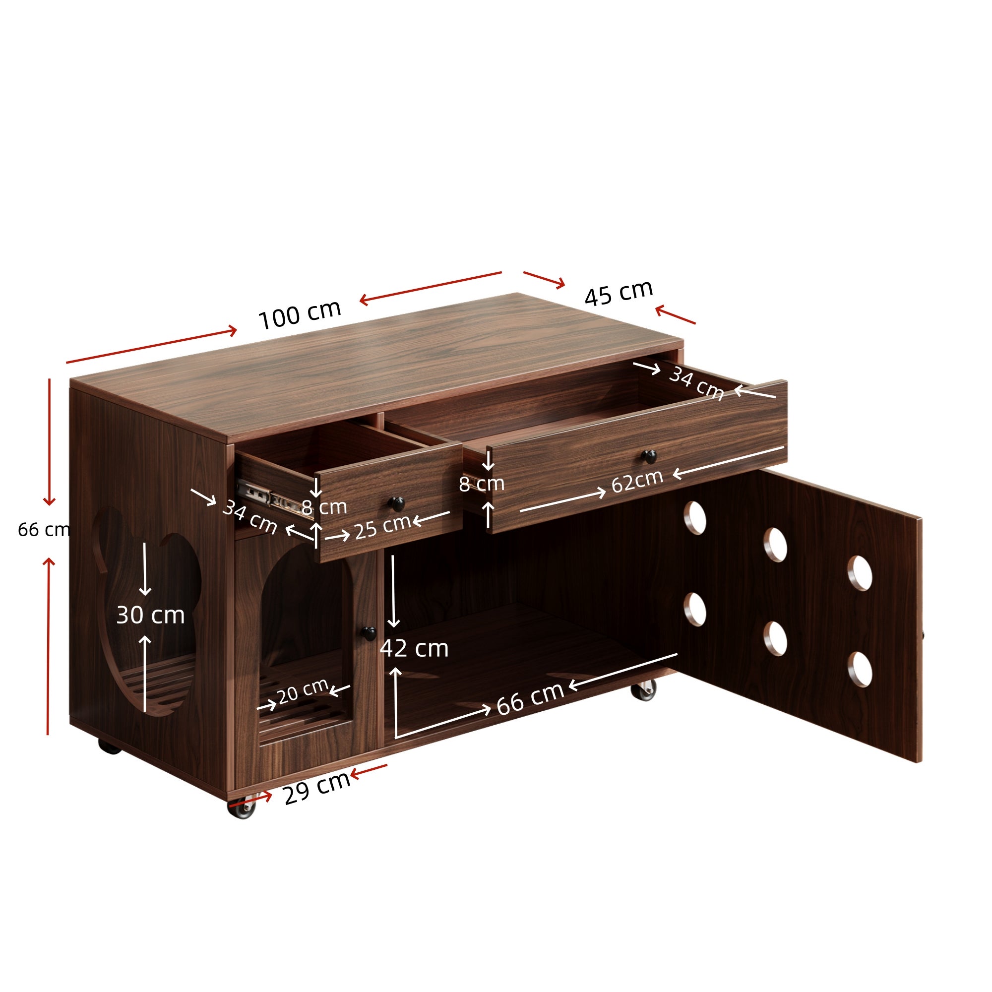 Caixa de areia móvel para gatos com 2 gavetas e 1 porta - 100 x 45 x 66 cm - MDF - Nogueira - 8